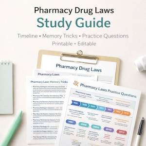 May include: A study guide for pharmacy drug laws. The image shows a clipboard with a document titled "Pharmacy Drug Laws" and several printed pages with timelines, memory tricks, and practice questions. The guide is printable and editable.