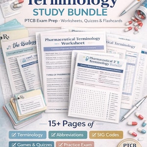 Puede incluir: Un paquete de estudio de terminología farmacéutica, con hojas de trabajo, cuestionarios y tarjetas didácticas. La imagen muestra varios materiales de estudio, incluyendo un crucigrama, tarjetas didácticas y un glosario. El paquete incluye más de 15 páginas de terminología, abreviaturas, códigos SIG, juegos, cuestionarios y un examen de práctica.