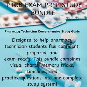 Puede incluir: Imagen con el texto "PTCB EXAM PREP STUDY BUNDLE" y "Pharmacy Technician Comprehensive Study Guide." La imagen incluye blísteres de pastillas, una jeringa y un pequeño vial, lo que sugiere una ayuda para el estudio de farmacia.