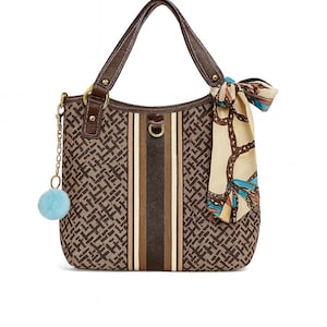 Tommy Hilfiger Monogram Brown Tote Bag with Scarf and Pom Charm – Pre-Owned
