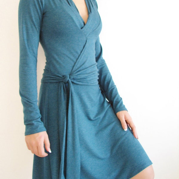 LAST ONE - SIZE M - Womens A line Wrap Dress made of Teal Jersey - Knee Length