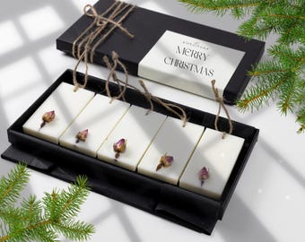 Pastillas de cera con aceites esenciales navideños - Pastillas colgantes veganas - Caja de regalo personalizada - Múltiples aromas