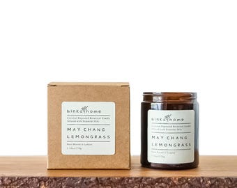 Vela natural revitalizante de hierba limón May Chang, vela aromática botánica, vela vegana de lujo, vela única en vaso de boticario, cera de coco.