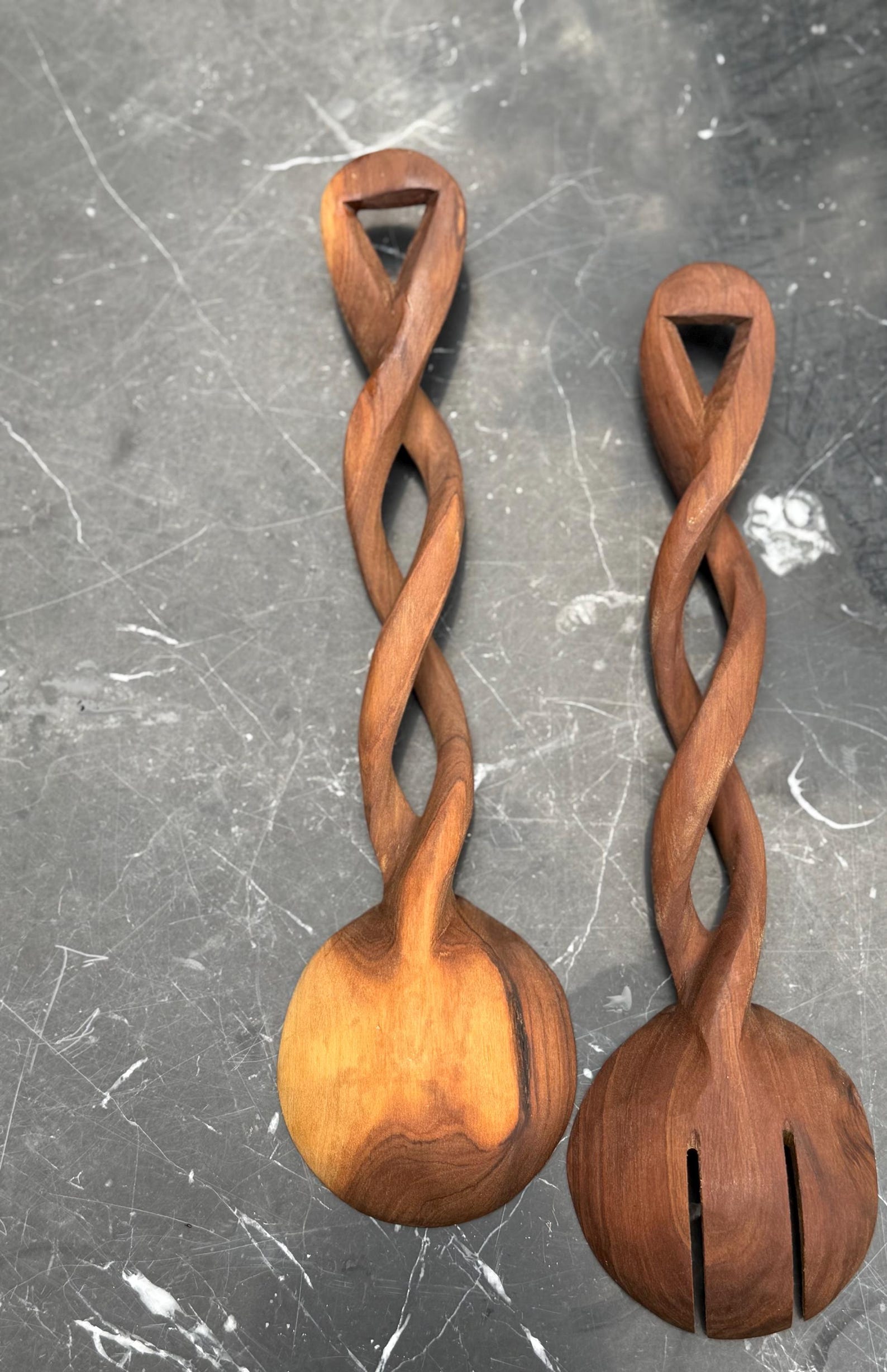 Hand Carved Twisted Wood Salad Servers