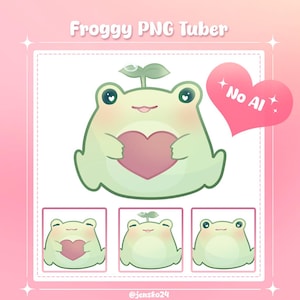 May include: A digital illustration of a cute green frog holding a pink heart, with the text "Froggy PNG Tuber." The image has a pink and white color scheme, with three smaller frog illustrations below. A pink heart with "No AI" is also present.