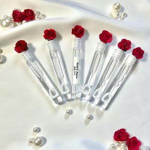 Wedding Bubbles with Rose & Personalized Label 50 Pieces | Custom Wedding Favors for Guests | Bubble Tube and Wand | Wedding Gift Paper Rose