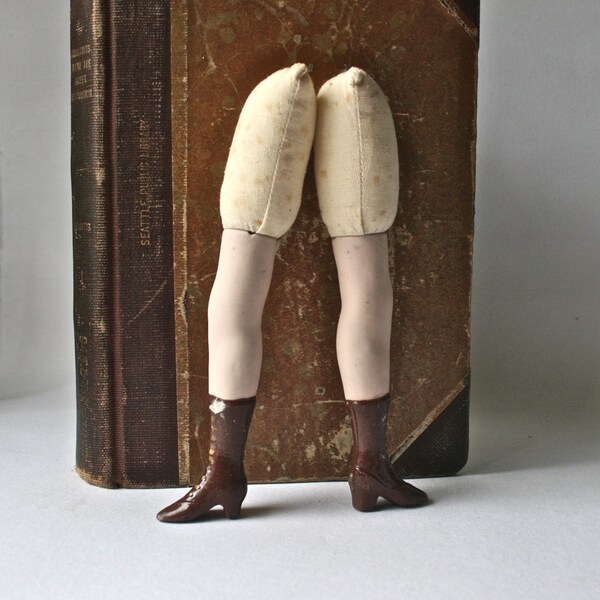Vintage Porcelain Doll Legs with Cloth Thight and High Top Brown Boots for Doll Making