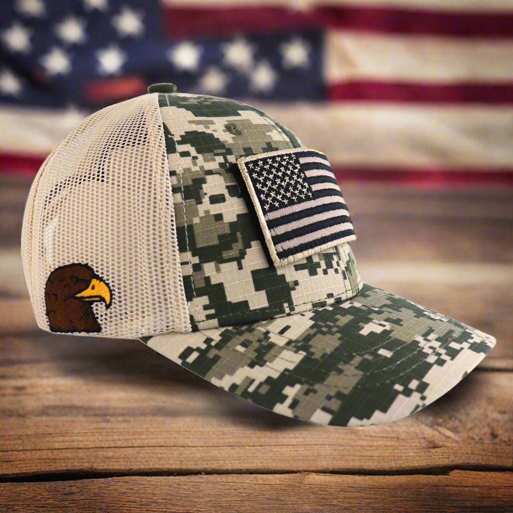 Embroidered US Flag Patch & Eagle Tactical Camo Hat Baseball  display picture 1