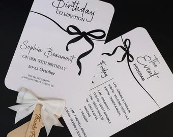 Personalized 30th Birthday Program Fan, Elegant Black White Party Favor, Custom Keepsake