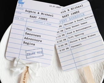 Vintage Library Card Baby Shower Program Fan, Double-Sided Favor
