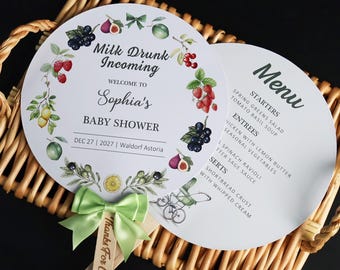 Botanical Fruit Baby Shower Menu Fan, Personalized Garden Party Program