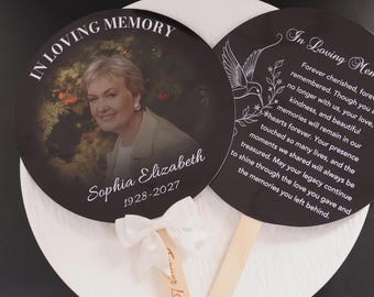 Personalized Memorial Photo Fan, Double-Sided Keepsake, Hummingbird Funeral Favor