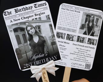 Personalized Retro Newspaper Photo Fan, 21st Birthday Keepsake Favor