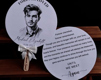 Custom Sketch Memorial Fan, Double-Sided Funeral Keepsake, Personalized Photo Favor
