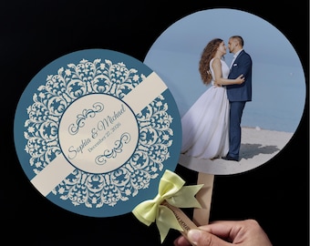 Blue Vintage Floral Photo Wedding Fan – Waterproof Printed Paper Fan