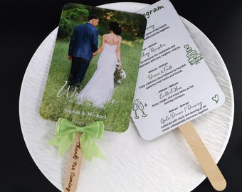 Custom Wedding Photo Program Fan, Personalized Ceremony Schedule, Minimal Green Wedding Favor