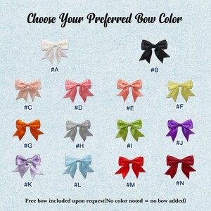 May include: A collection of fourteen satin bows in various colors labeled A through N. The text at the top reads Choose Your Preferred Bow Color and the text at the bottom reads Free bow included upon request(No color noted = no bow added).