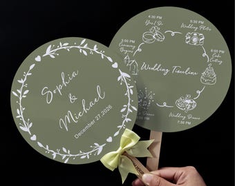 Personalized Wedding Timeline Fan Favors, Olive Green Ceremony Keepsake