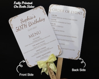 Personalized Double-Sided Menu Fan, Elegant Birthday Program Hand Fan, Satin Bow Detail