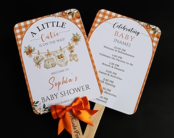 Orange Baby Shower Program Fan, Personalized Citrus Theme Event Schedule Fan Favor