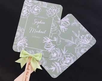 Olive Green Floral Wedding Fan, Hand Drawn Botanical Bridal Party Favor