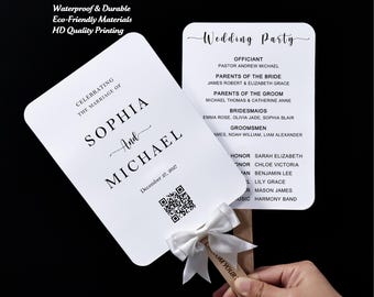 Personalized Wedding Fan Program, Elegant Ceremony Program with QR Code