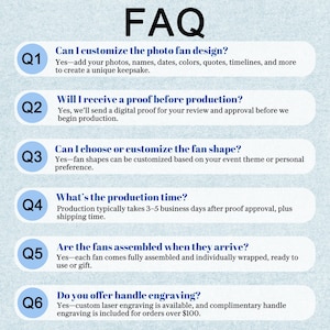 May include: An FAQ graphic with the title FAQ at the top. It lists six questions about photo fan customization, digital proofs, fan shapes, production time, assembly, and handle engraving, each marked with a blue circle containing Q1 to Q6.