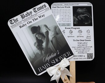Vintage Newspaper Double-Sided Photo Fan – Baby Shower Ultrasound & Maternity Design