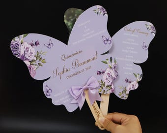 Butterfly Quinceañera Program Fan, Purple Floral Photo Keepsake (Waterproof)