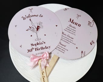 Retro Cocktail 30th Birthday Menu Fan | Custom Photo Program Hand Fan