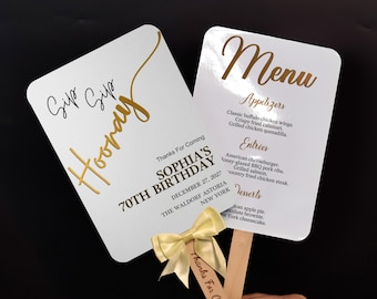 70th Birthday Photo Menu Fan – Custom "Sip Sip Hooray" Party Favor Keepsake