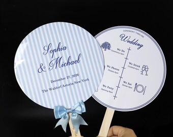 Blue Stripe Wedding Fan Favor, Personalized Ceremony Timeline Hand Fan