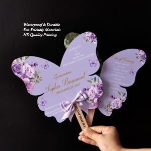 Butterfly Quinceañera Program Fan, Purple Floral Photo Keepsake (Waterproof)
