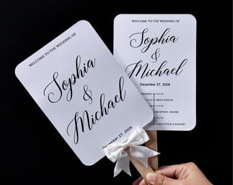 Double-Sided Waterproof Wedding Program Fan, Custom Photo Fan Favor, Black & White Minimalist Design