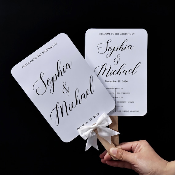 Double-Sided Waterproof Wedding Program Fan, Custom Photo Fan Favor, Black & White Minimalist Design