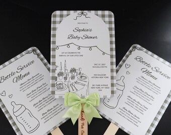 Personalized Sage Green Baby Shower Menu Fan Favor, Double-Sided Keepsake Program