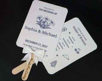 Blue Floral Wedding Program Fan, Personalized Ceremony Hand Fan (Waterproof)