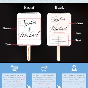 May include: A custom wedding fan featuring a front and back view. The front displays the names Sophia & Michael and the date December 27, 2026. The back includes the names, date, and a wedding schedule. The handle features the text Thanks For Coming.