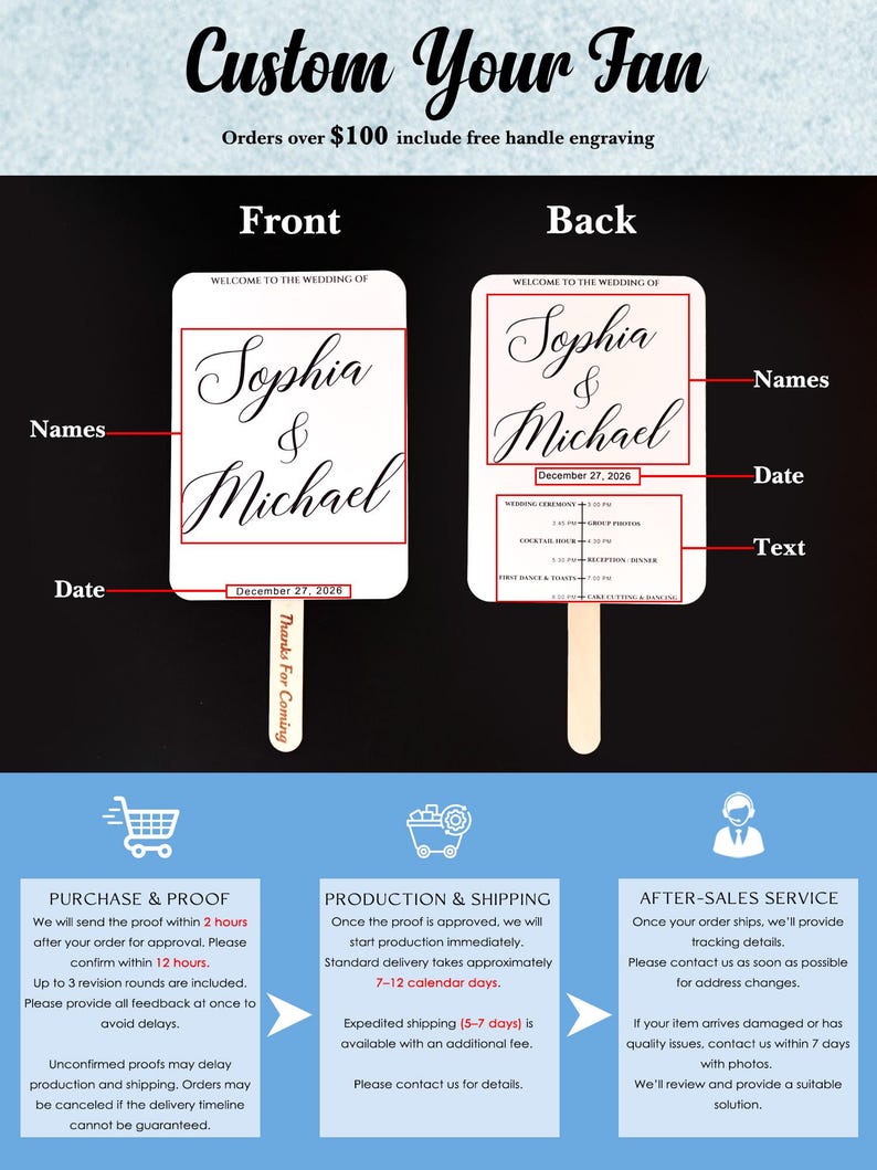 May include: A custom wedding fan featuring a front and back view. The front displays the names Sophia & Michael and the date December 27, 2026. The back includes the names, date, and a wedding schedule. The handle features the text Thanks For Coming.