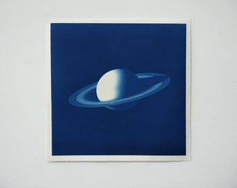 Saturn cyanotype on watercolor paper space stars moon original art