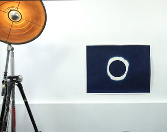 Large Cyanotype Solar Eclipse on Heavy Watercolor Paper