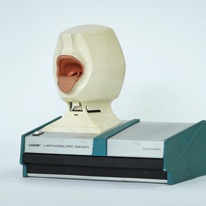 Puede incluir: Un maniquí laringoscópico beige con la boca abierta y la lengua visible. El maniquí está montado sobre una base rectangular con el texto "LANDER LARYNGOSCOPIC MANIKIN" y "ACCESSORIES". La base tiene detalles en verde azulado y plateado.