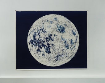 Large Lunar Map Cyanotype on Heavy Watercolor Paper 45.5" x 55"