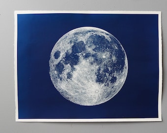Visible Side of The Moon Original Hand Made  print cyanotype blueprint