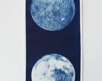 Dark Side and Visible Moon Cyanotype on Watercolor Paper