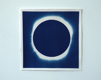 eclipse cyanotype on watercolor paper original hand printed photo process art