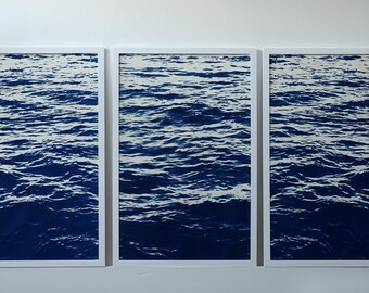 Framed Large Water Tryptych in Matte White Finish (signed)