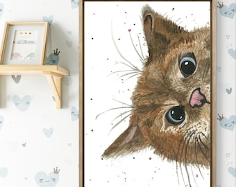 Hallo Kitty! - Fine Art Aquarell Druck - Poster - Wunderliche Dekoration für Kinder & Tierliebhaber - Aquarell - Orange Katze