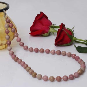 Beautiful 10mm Pink Rhodonite Gemstone Beads Necklace for Unisex Hand Knotted 22 Inch Designer Beach Jewelry Statement Necklace Gift For Her