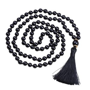 Natural Black Onyx 8mm hand Knotted Jaap Mala Necklace Handmade Tassel 108 Beads Yoga Meditation Jewelry Necklace for Spiritual Growth